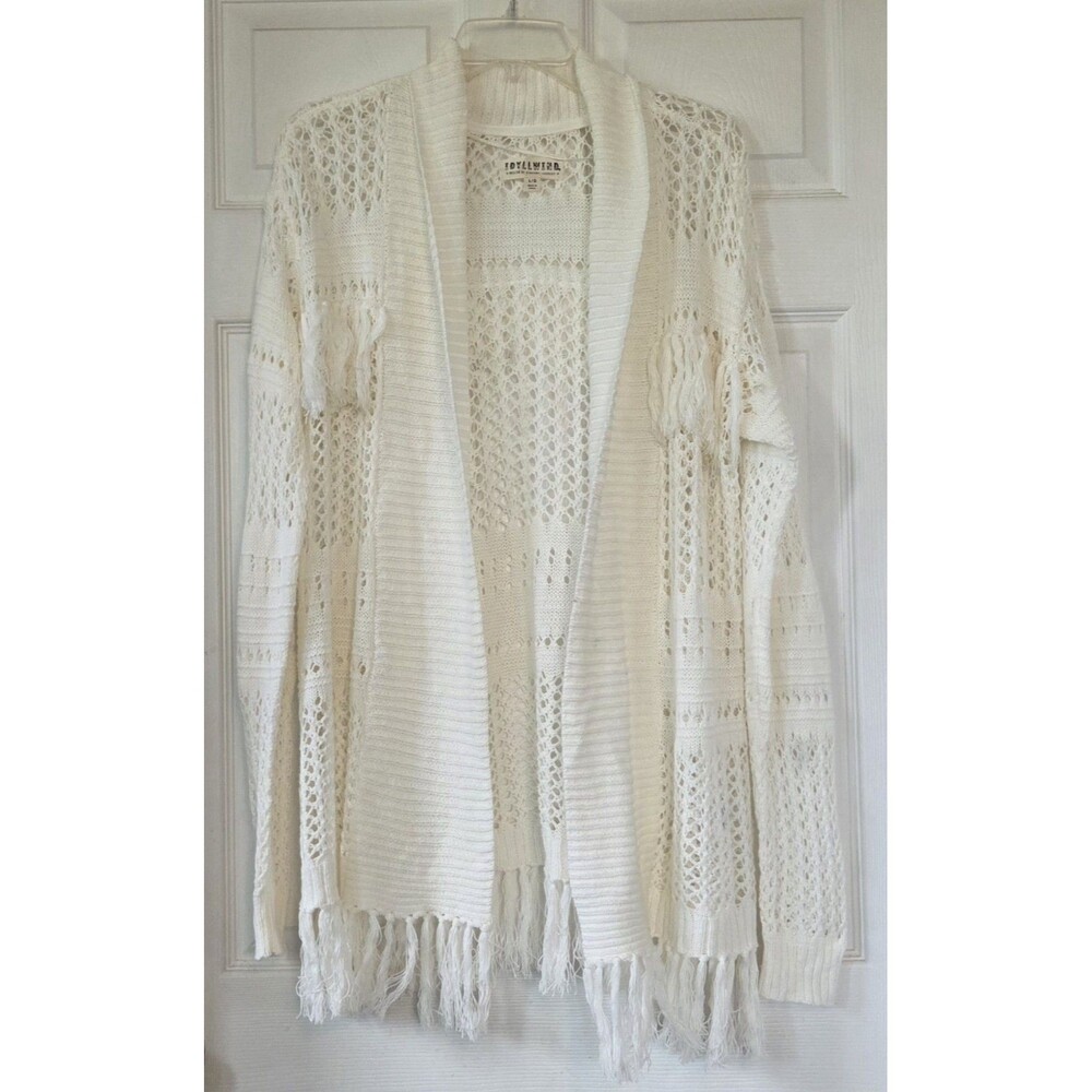 IDYLLWIND By Miranda Lambert Ivory Crochet Sweater Open Front Fringe Size L